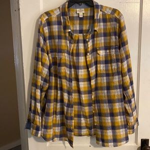 Yellow Blue Silver Long Sleeve Button Down Blouse 3X